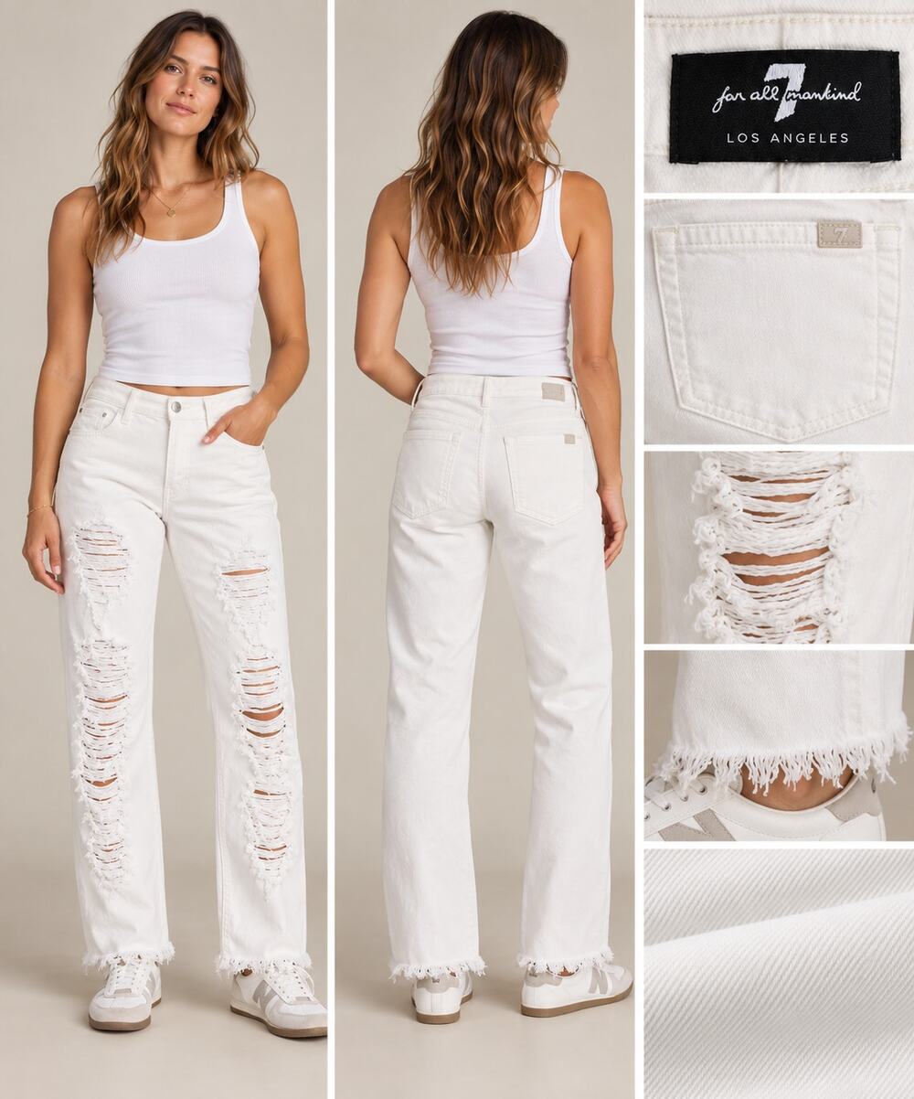 7 For All Mankind Womens White Distressed Ripped Raw Hem Straight Jeans